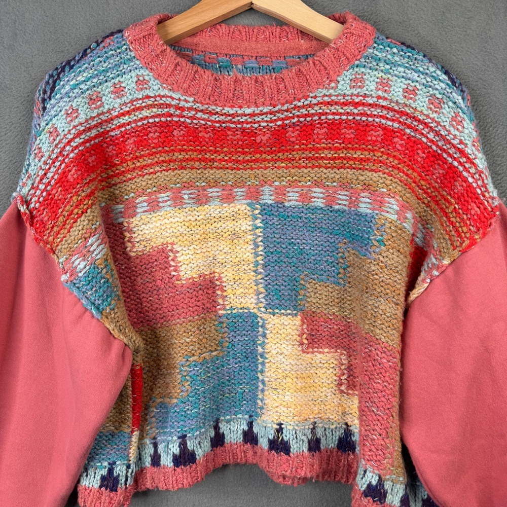 Pilcro Mixed Media Cropped Sweater Multicolor Geometric Knit Balloon Sleeve XS - Picture 3 of 8